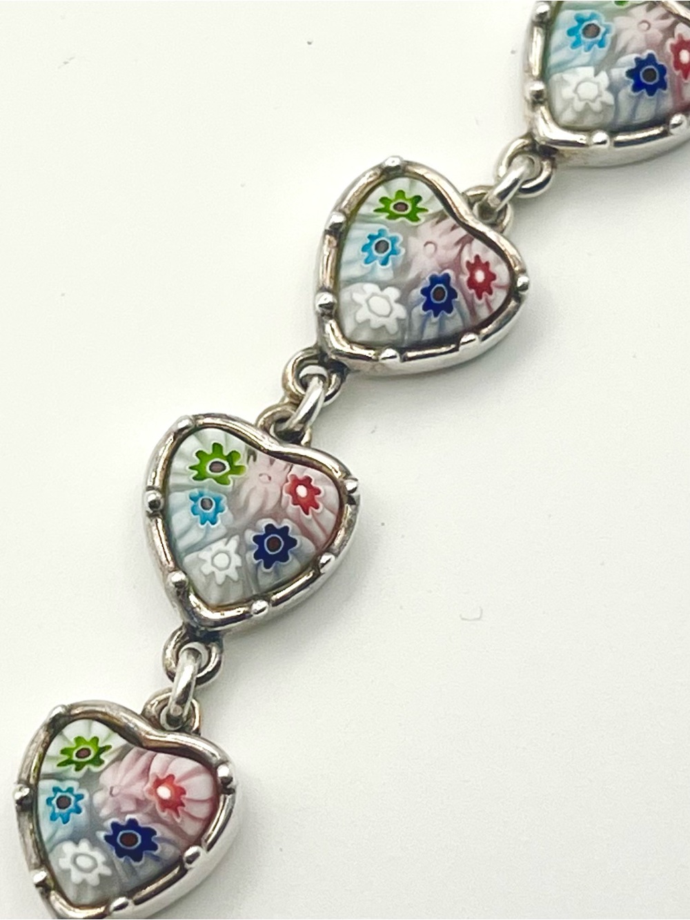 Vintage Alan K Heart Link Millefiori Glass Sterling Silver Bracelet Multicolor